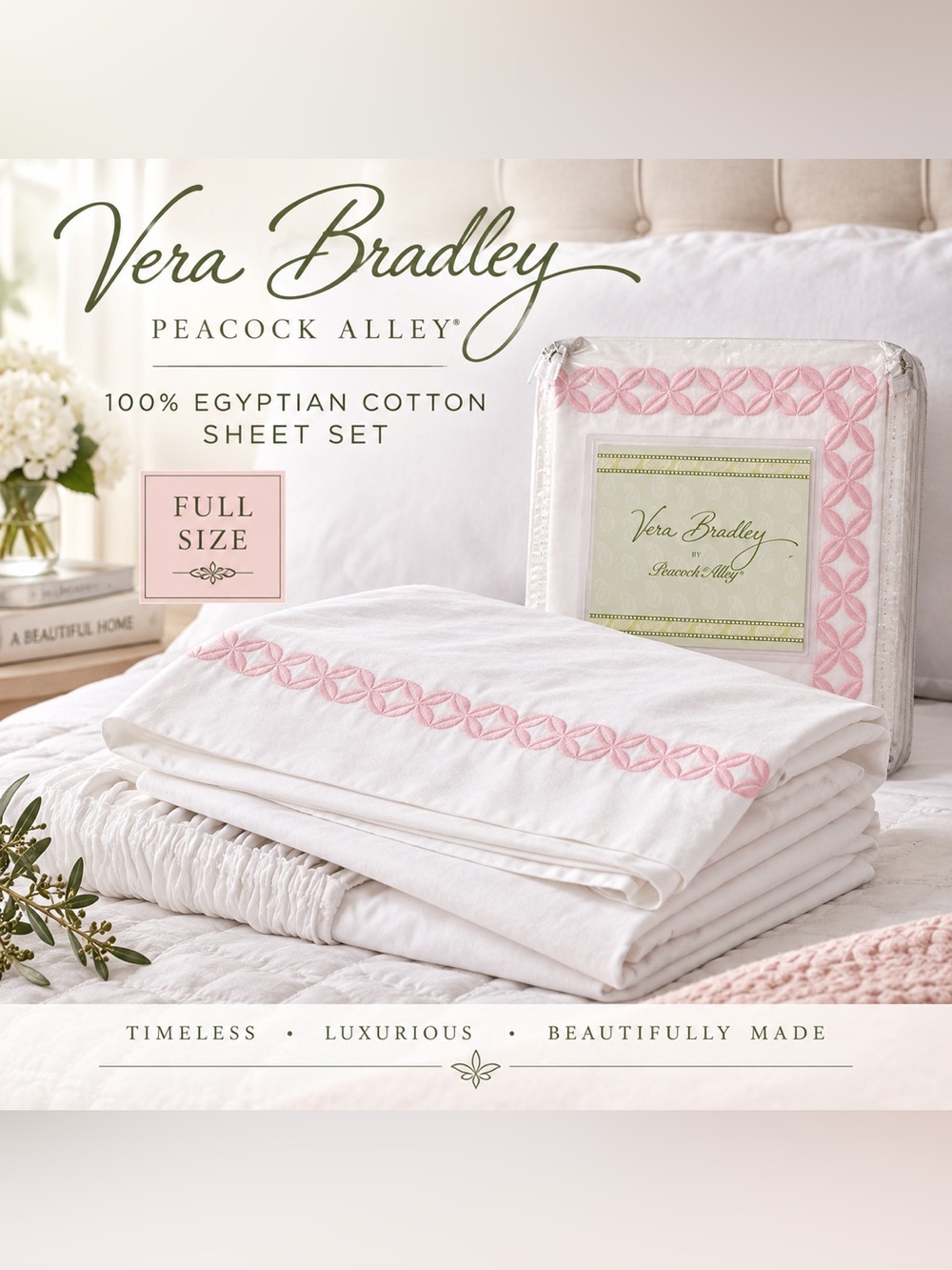 Vera Bradley x Peacock Alley Cabana Egyptian Cotton Embroidered Full Sheet Set